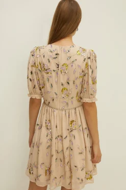 Fashion Oasis Embellished Pretty Floral V Neck Mini Dress Sage