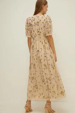 Sale Oasis Embellished Pretty Floral V Neck Maxi Dress Nude