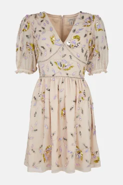 Fashion Oasis Embellished Pretty Floral V Neck Mini Dress Sage