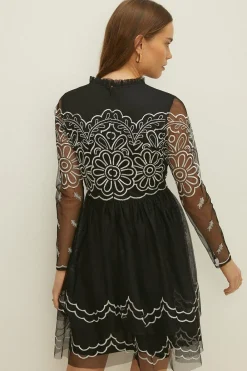 Discount Oasis Embroidered Flower Mesh Mini Dress Black