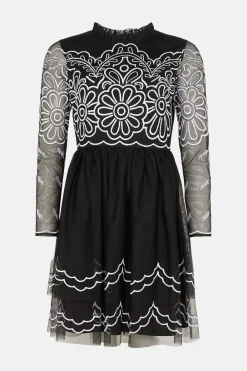 Discount Oasis Embroidered Flower Mesh Mini Dress Black