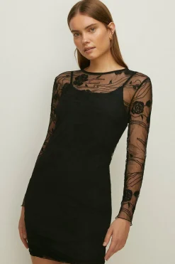 New Oasis Embroidered Mesh Tie Back Mini Dress Black