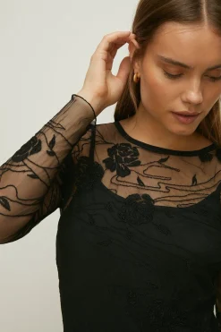 New Oasis Embroidered Mesh Tie Back Mini Dress Black