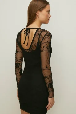 New Oasis Embroidered Mesh Tie Back Mini Dress Black