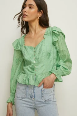 Online Oasis Embroidered Ruffle Tea Blouse Apple Green