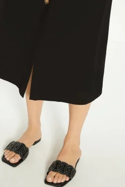 Hot Oasis Embroidered Square Toe Slides Black