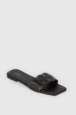 Hot Oasis Embroidered Square Toe Slides Black