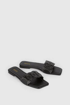 Hot Oasis Embroidered Square Toe Slides Black