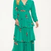 Clearance Oasis Embroidered Tiered Ruffle Wrap Midi Dress Green