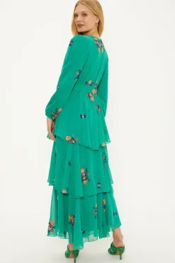 Clearance Oasis Embroidered Tiered Ruffle Wrap Midi Dress Green