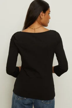 Hot Oasis Essential Cotton 3/4 Sleeve Slash Neck Jersey Top Black