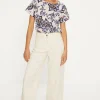 Best Oasis Essential Cotton Floral Roll Sleeve Slub T-Shirt Navy