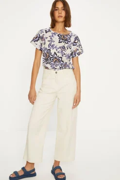 Best Oasis Essential Cotton Floral Roll Sleeve Slub T-Shirt Navy