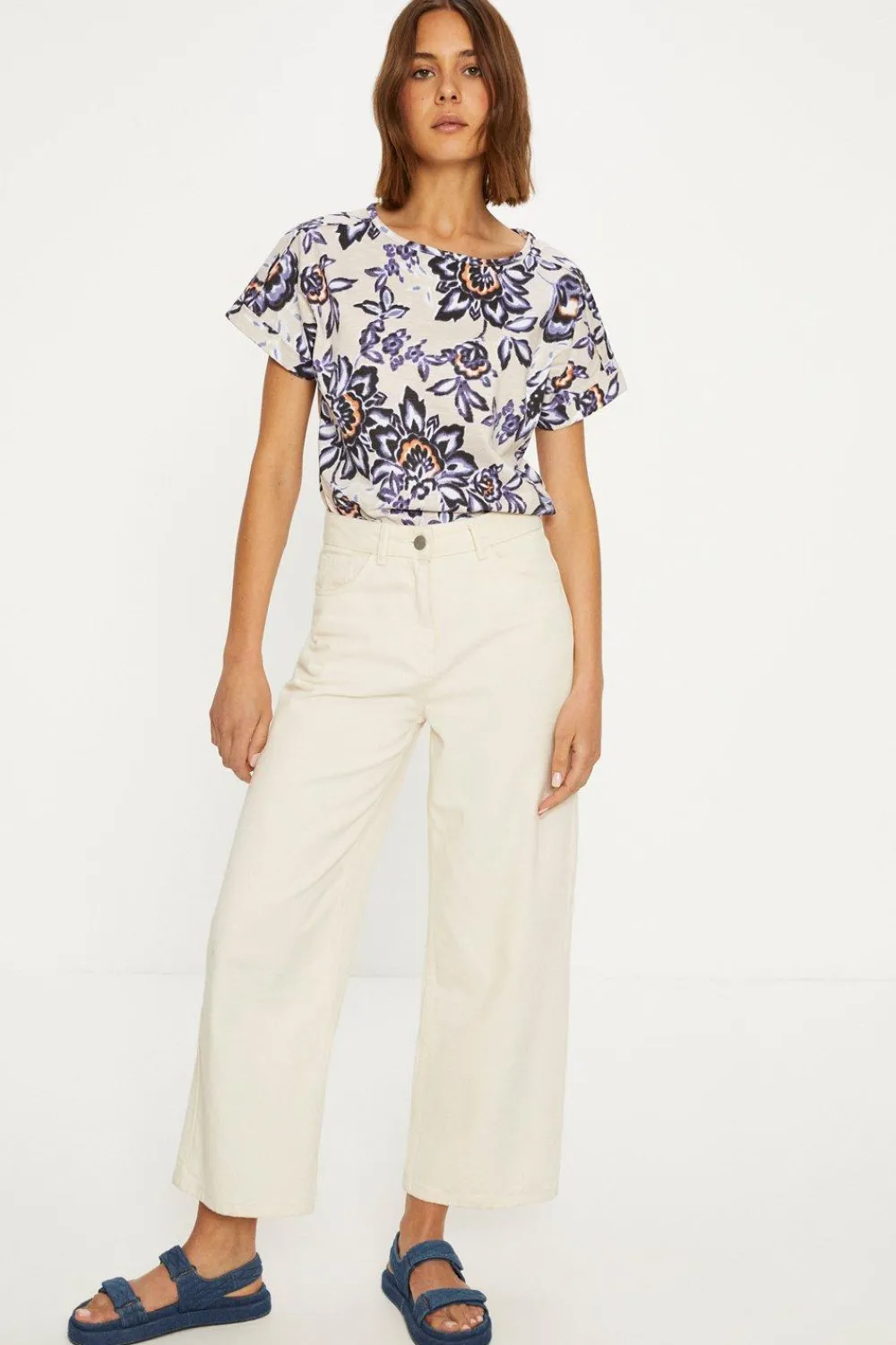 Best Oasis Essential Cotton Floral Roll Sleeve Slub T-Shirt Navy