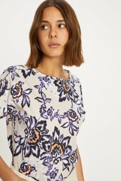 Best Oasis Essential Cotton Floral Roll Sleeve Slub T-Shirt Navy