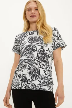 Discount Oasis Essential Cotton Paisley Roll Sleeve Slub T-Shirt Ivory