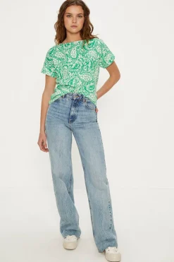 Online Oasis Essential Cotton Paisley Floral Roll Sleeve Slub T-Shirt Green