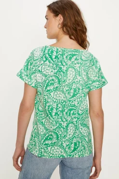Online Oasis Essential Cotton Paisley Floral Roll Sleeve Slub T-Shirt Green