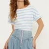 Hot Oasis Essential Cotton Stripe Roll Sleeve Slub T-Shirt Green