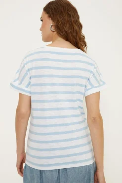 Hot Oasis Essential Cotton Stripe Roll Sleeve Slub T-Shirt Green