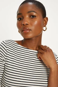 New Oasis Essential Cotton Stripe Slash Neck ¾ Sleeve Top Navy