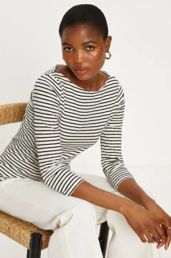 New Oasis Essential Cotton Stripe Slash Neck ¾ Sleeve Top Navy