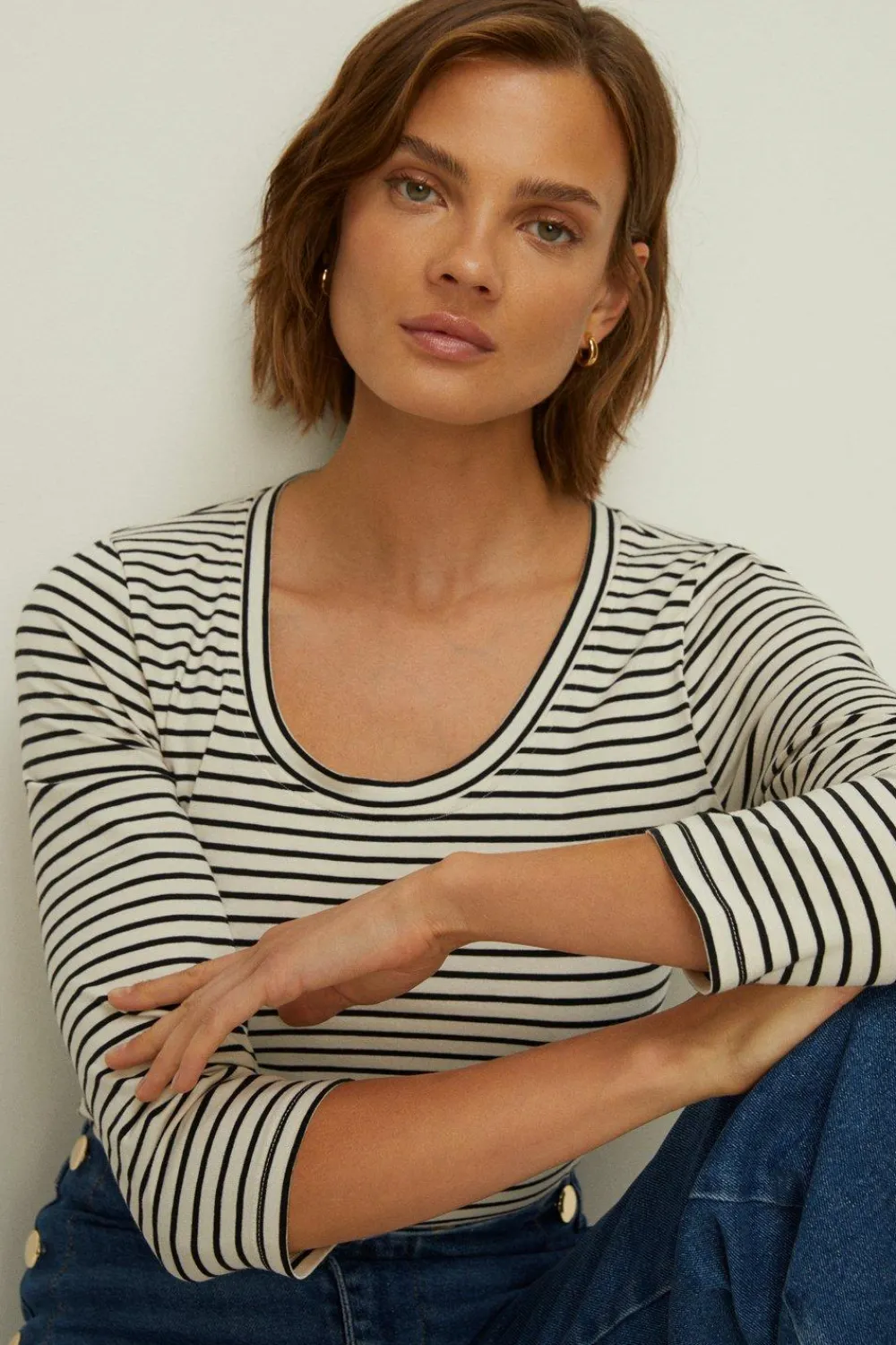 Clearance Oasis Essential Cotton Stripe Scoop Neck Top Navy