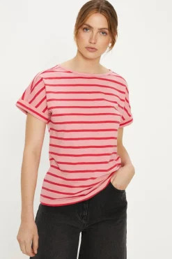 New Oasis Essential Cotton Tonal Stripe Roll Sleeve Slub T-Shirt Pink