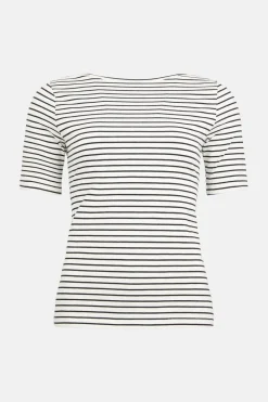 Clearance Oasis Essential Stripe Cotton Slash Neck Top Navy