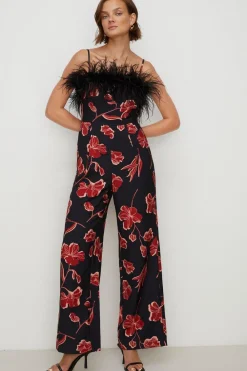 Fashion Oasis Faux Feather Detail Bardot Jumpsuit Multi