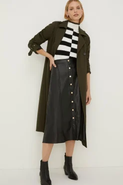 Hot Oasis Faux Leather Button Detail Midi Skirt Black