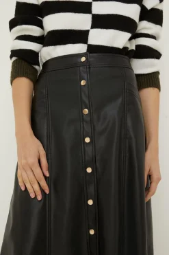 Hot Oasis Faux Leather Button Detail Midi Skirt Black