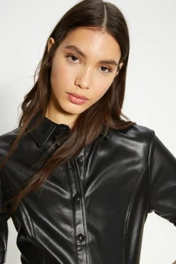 Fashion Oasis Faux Leather Button Through Shift Dress Black
