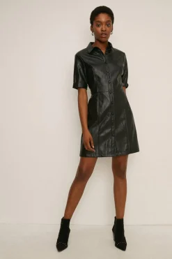 Fashion Oasis Faux Leather Button Through Shift Dress Black