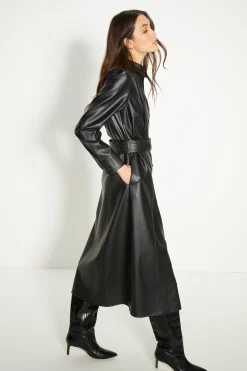 Sale Oasis Faux Leather Pleat Detail Belted Midi Dress Black