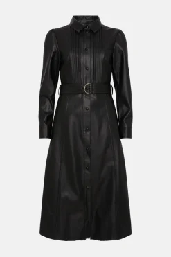 Sale Oasis Faux Leather Pleat Detail Belted Midi Dress Black