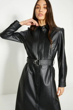 Sale Oasis Faux Leather Pleat Detail Belted Midi Dress Black