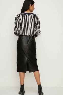 Fashion Oasis Faux Leather Seam Detail Midi Skirt Black