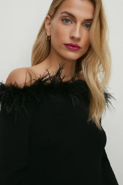 Online Oasis Feather Bardot Mini Dress Black