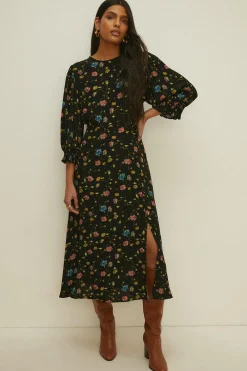 Fashion Oasis Floating Floral Shirred Cuff Midi Dress Black
