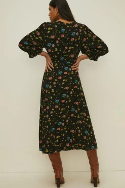 Fashion Oasis Floating Floral Shirred Cuff Midi Dress Black