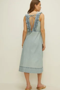 New Oasis Floaty Smock Midi Dress Pale Wash