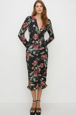 Best Oasis Floral All Over Ruched Midi Dress Black