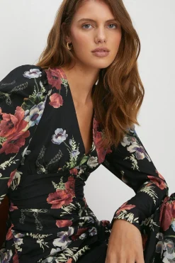 Best Oasis Floral All Over Ruched Midi Dress Black