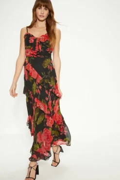 Online Oasis Floral Asymmetric Ruffle Tiered Strappy Midi Dress Black