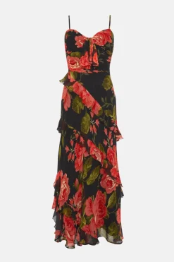 Online Oasis Floral Asymmetric Ruffle Tiered Strappy Midi Dress Black