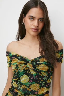 Best Oasis Floral Bardot Ruched Mesh Mini Dress Black