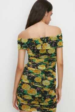 Best Oasis Floral Bardot Ruched Mesh Mini Dress Black