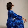 Fashion Oasis Floral Blur Satin Pleated V Neck Midi Dress Navy
