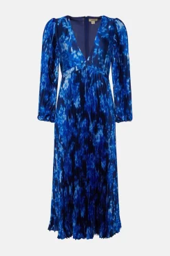 Fashion Oasis Floral Blur Satin Pleated V Neck Midi Dress Navy
